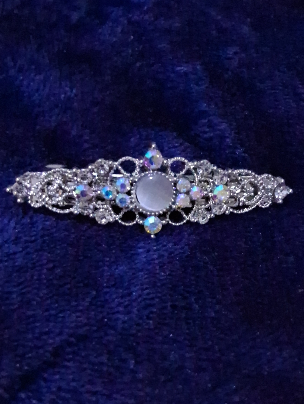 Silver-Tone Crystal Filigree Barrette - Iridescent Accents